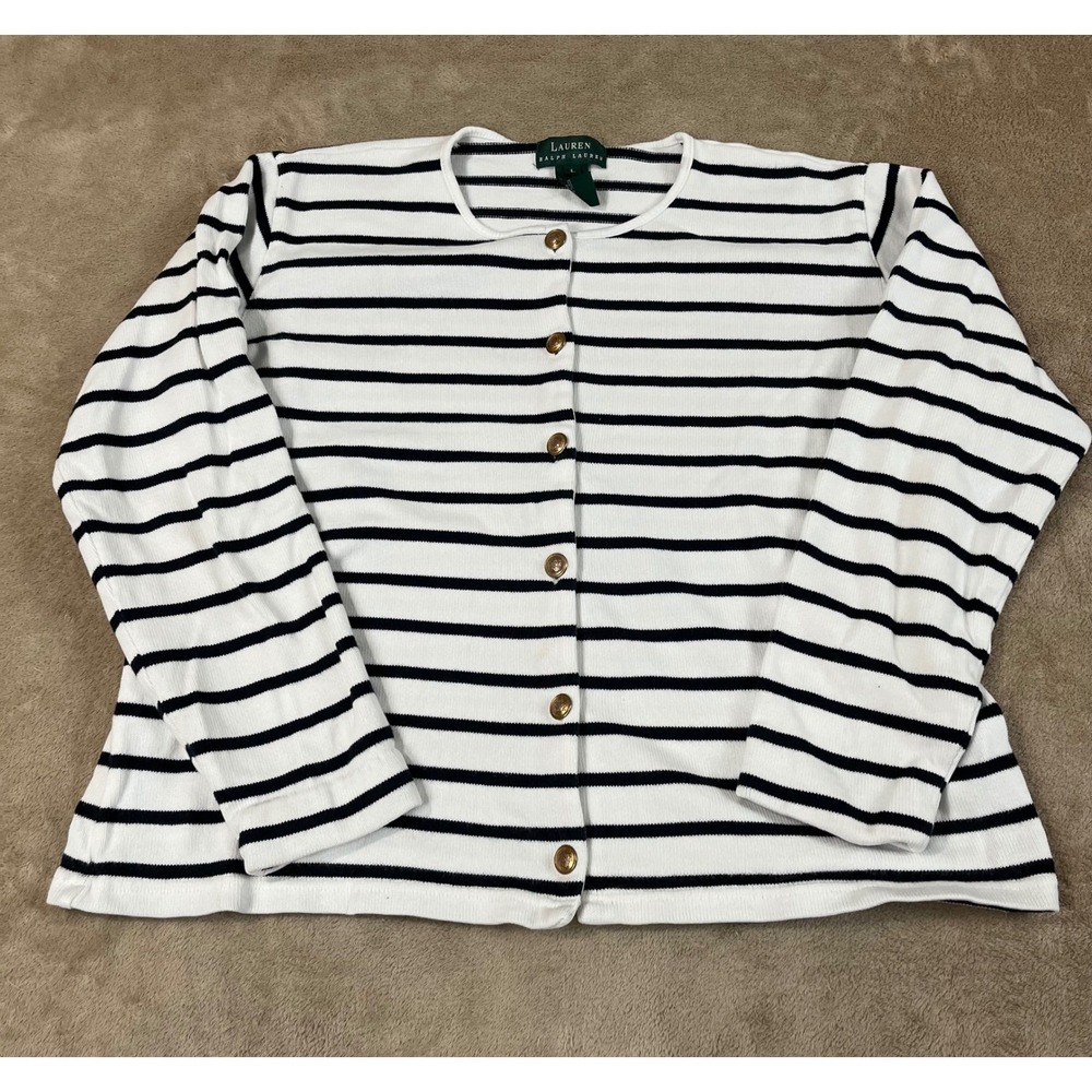 Lauren Ralph Lauren Cardigan Women Large White Striped Button Up L/S EUC